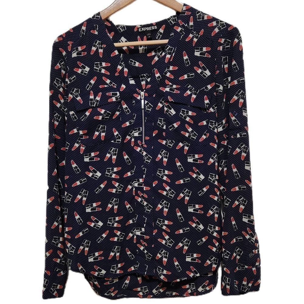 Express 1/4‎ Zip Novelty Lipstick Blouse Navy Blue Women's Size Small